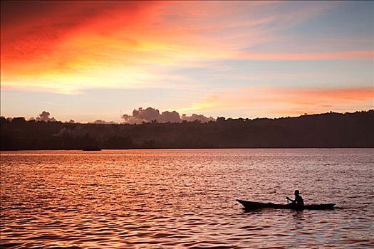 日落,渔船,湖,印度尼西亚