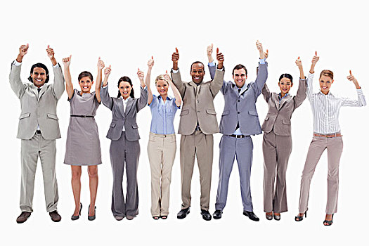 企业团队,抬起,手臂,竖大拇指,白色背景