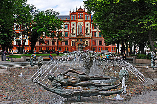 享受,喷泉,建造,正面,罗斯托克,大学,梅克伦堡前波莫瑞州,德国,欧洲