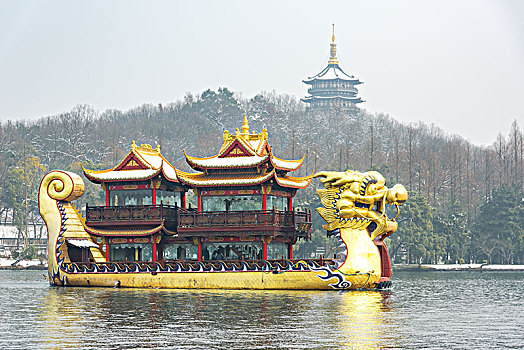 杭州西湖雪景,画舫,游船