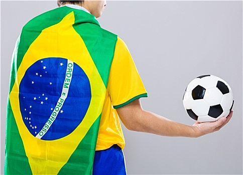 后视图,球员,穿戴,巴西,旗帜,拿着,足球