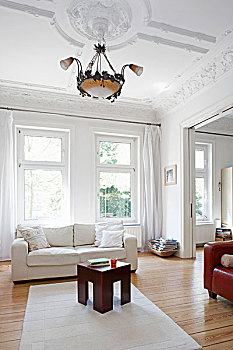 客厅,粉饰灰泥,天花板,老,公寓