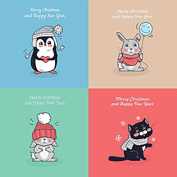 圣诞快乐,新年快乐,海报,小,兔子,帽子,老鼠,毛衣,有趣,猫,企鹅,卡通,生物,戴着,温暖,布,冬天,休假,贺卡,风格