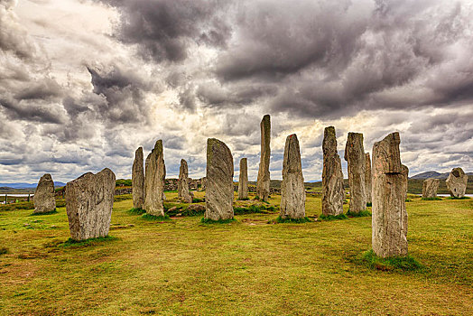 巨石,石头,排列,卡拉尼西,立石,巨石阵,阴天,岛屿,外赫布里底群岛,苏格兰,英国,欧洲