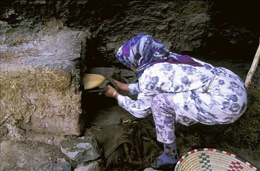 摩洛哥,山谷,女人,烹调,面包