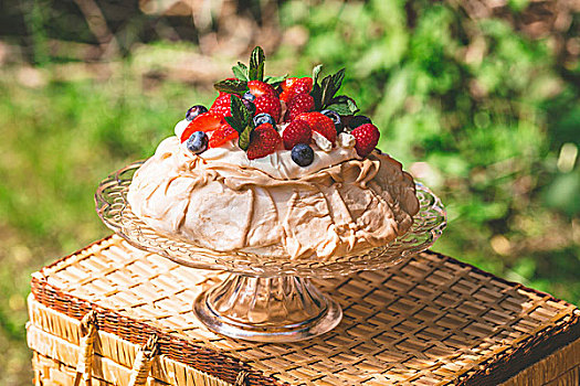 奶油水果蛋白饼,夏天,浆果,点心架,花园