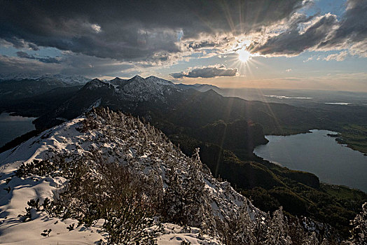 风景,科赫尔湖,湖,冬天,日落,巴伐利亚阿尔卑斯山,巴伐利亚,德国
