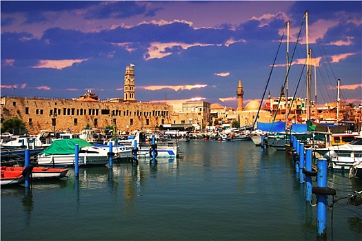 风景,码头,游艇,古老,墙壁,港口,英亩,以色列