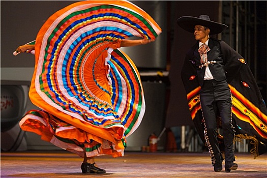 墨西哥人,帽子,跳舞,情侣,晃动,橙色,连衣裙