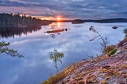 落日,湖,国家公园,瑞典,斯堪的纳维亚,欧洲