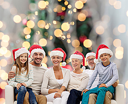 家庭,高兴,休假,人,概念,幸福之家,圣诞老人,帽子,坐,沙发,上方,圣诞树,背景