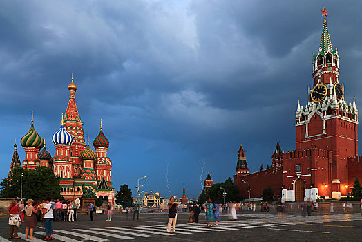 红场,克里姆林宫,大教堂,暴风雨天气,闪电,夏天,晚间,莫斯科,俄罗斯,欧洲