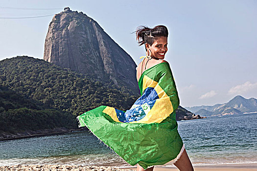 男人,海滩,巴西国旗,里约热内卢,巴西