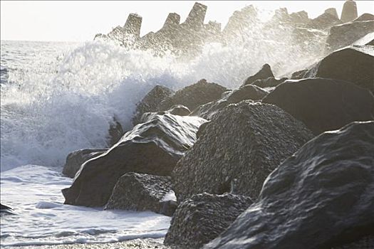 波浪,碰撞,岩石上,日德兰半岛,丹麦