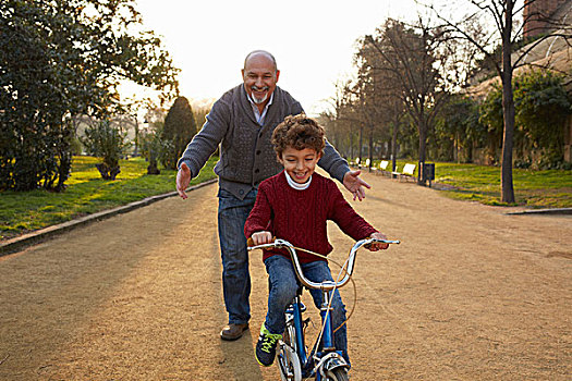 爷爷,教育,孙子,乘,自行车,公园