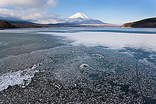 冰,湖,积雪,富士山,背景,日本