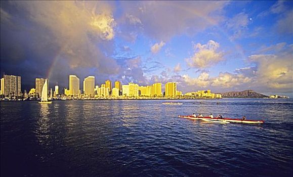 夏威夷,瓦胡岛,怀基基海滩,舷外支架,独木舟,涉水,下方,彩虹,天空,建筑,云