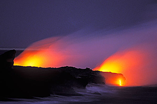 熔岩流,进入,太平洋,海洋,黄昏,夏威夷火山国家公园,夏威夷大岛,夏威夷