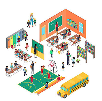 学校,概念,矢量,凸起,插画,房屋,学生,教师,班级,图书馆,走廊,体育馆,校车,教育,比赛