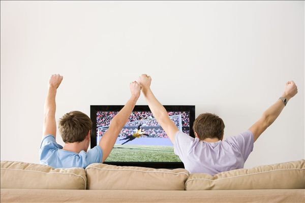 两个,年轻,男人,欢呼,足球,电视