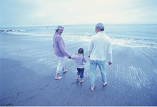 祖母,孙女,海滩