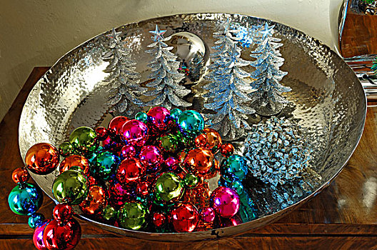 彩色,圣诞节,球,小,树,装饰,银,盘子,销售,别墅,氛围,纽伦堡,中弗兰肯,德国,巴伐利亚,欧洲