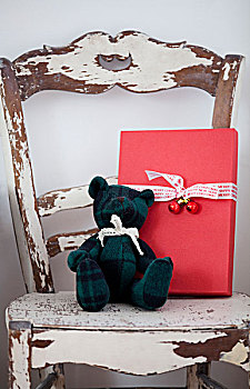 圣诞礼物,盒子,泰迪熊,生锈,椅子