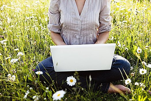女人,笔记本电脑,坐,野外,草地
