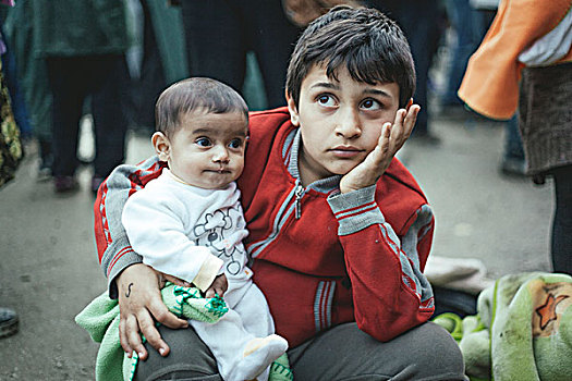 男孩,叙利亚,小,兄弟,难民,露营,边界,马其顿,希腊,欧洲