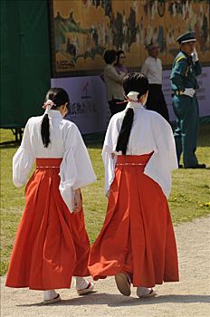 日本神道,庙宇,佣人,神祠,传统,和服,深红色,红色,白色,衬衫,京都,日本