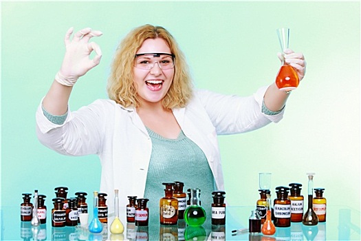 化学家,女人,玻璃器皿,ok,手势,向上,隔绝