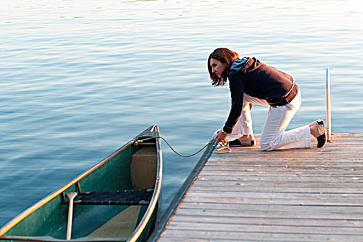 女人,系,船,码头,湖,木头,安大略省,加拿大