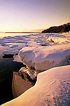日出,上方,雪,乔治亚湾,海岸线,湾,布鲁斯半岛,安大略省,加拿大