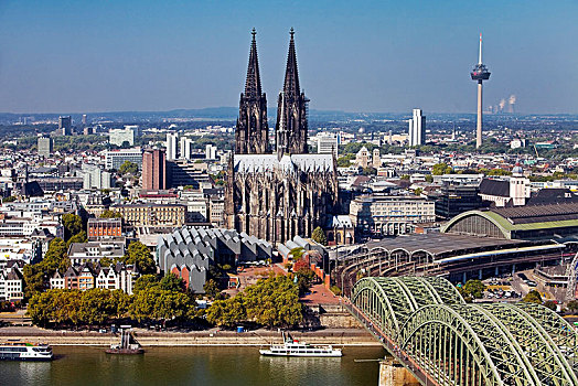 城市,科隆大教堂,霍恩佐伦大桥,电视塔,莱茵河,科隆,莱茵兰,北莱茵威斯特伐利亚,德国,欧洲