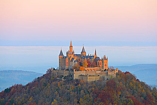 城堡,早晨,亮光,晨雾,巴登符腾堡,德国,欧洲