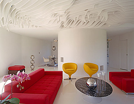 室内,红色,沙发,椅子,正面,圆柱形,安装,下方,天花板,3d,雕刻,表面