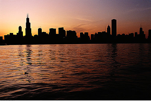 剪影,城市天际线,日落,芝加哥,伊利诺斯,美国