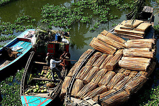 拖船,装载,捆,降落,孟加拉,四月,2008年
