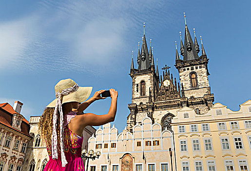 少女,摄影,圣母,提恩教堂,布拉格,捷克共和国