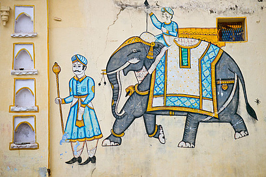 壁画,墙壁,大象,驱象者,宫殿,佣工,拉贾斯坦邦,印度,亚洲