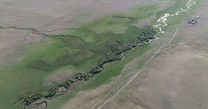 新疆哈密,草原上的河流造就的曲流,蜿蜒了一片美景