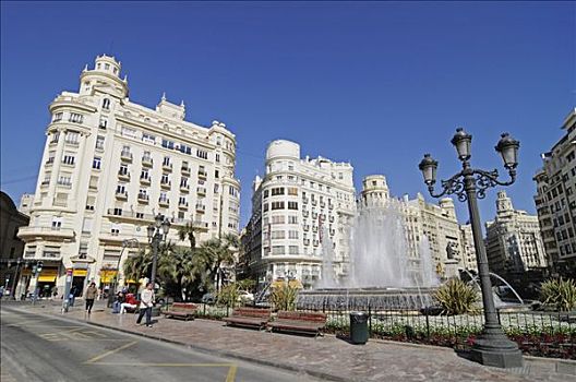 喷泉,房子,市政厅,瓦伦西亚,西班牙,欧洲