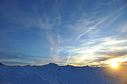 山,雪,清新,日落,滑雪胜地,法国