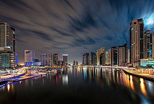 城市,迪拜,阿联酋,黄昏,摩天大楼,码头,前景