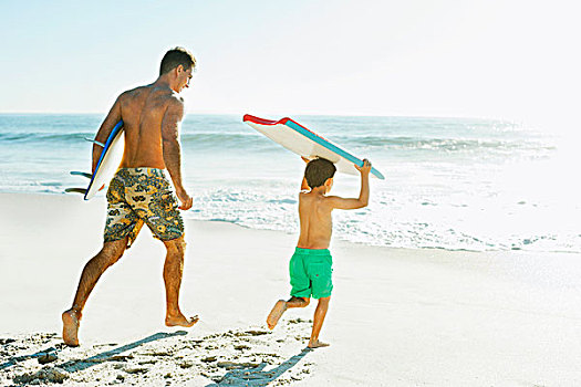 父子,冲浪板,浮板,海滩