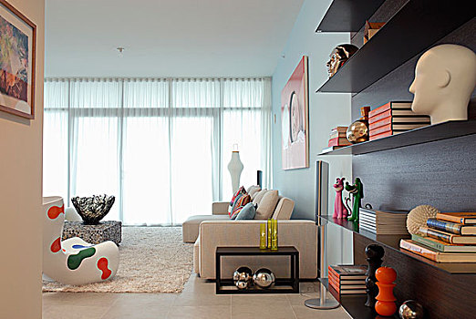 客厅,装饰,现代,设计师,优雅,漂浮,架子,苍白,沙发,背景