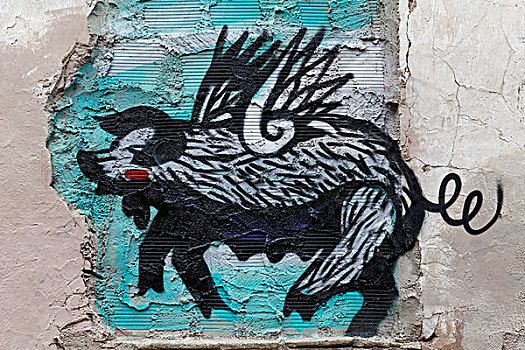 猪,翼,超现实,壁画,街头艺术,帕尔玛,马略卡岛,巴利阿里群岛,西班牙,欧洲