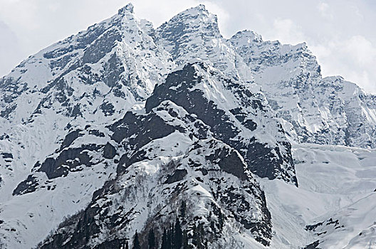 仰视,积雪,山峦,冰河,查谟-克什米尔邦,印度