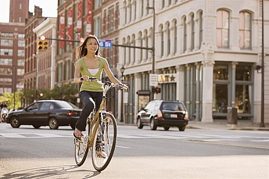 女人,骑自行车,城市
