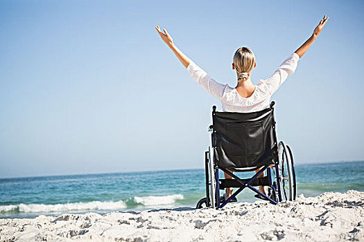 女人,轮椅,放松,海滩